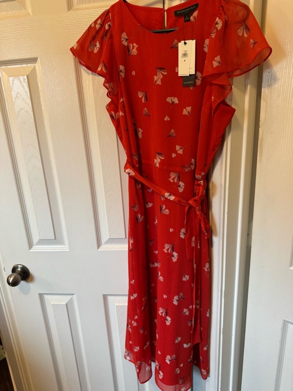 Banana Republic Red Floral Print Dress with Tie Waist